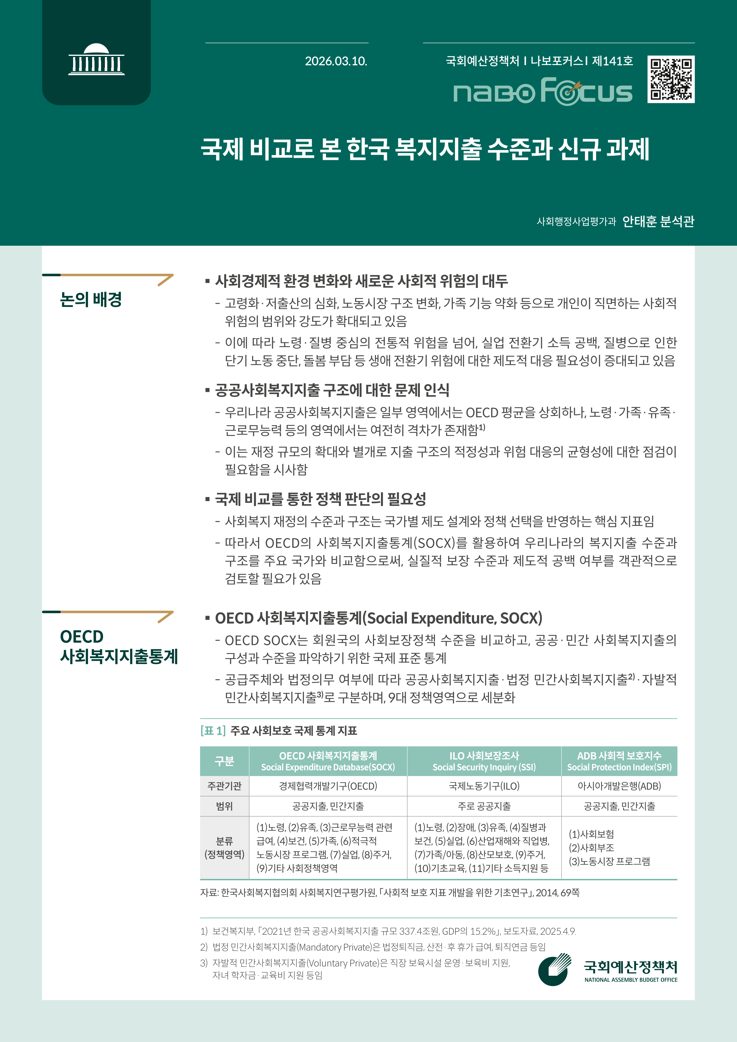 [NABO Focus 제141호] 국제 비교로 본 한국 복지지출 수준과 신규 과제 발간물 표지