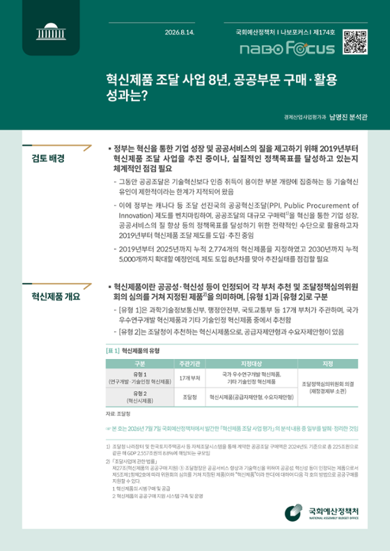 [NABO Focus 제174호] 혁신제품 조달 사업 8년, 공공부문 구매&middot;활용 성과는? 발간물 표지