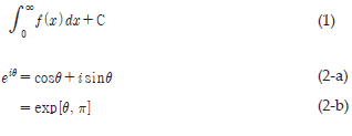 예시) 인티그럴(0, 무한대) f(x)dx+C  (1),e=cosTheta+isinTheta  (2-a),=exp[Theta,Pie]